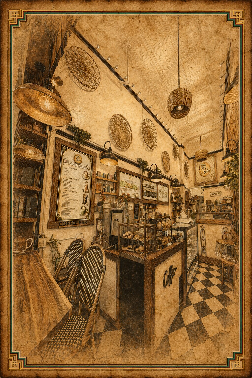 Parchment illustration of the interior of Caffe Soleil